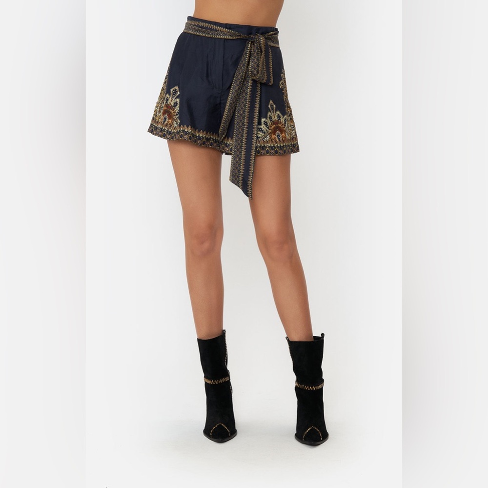 Camilla Navy and Gold Embroidered High Waist Shorts